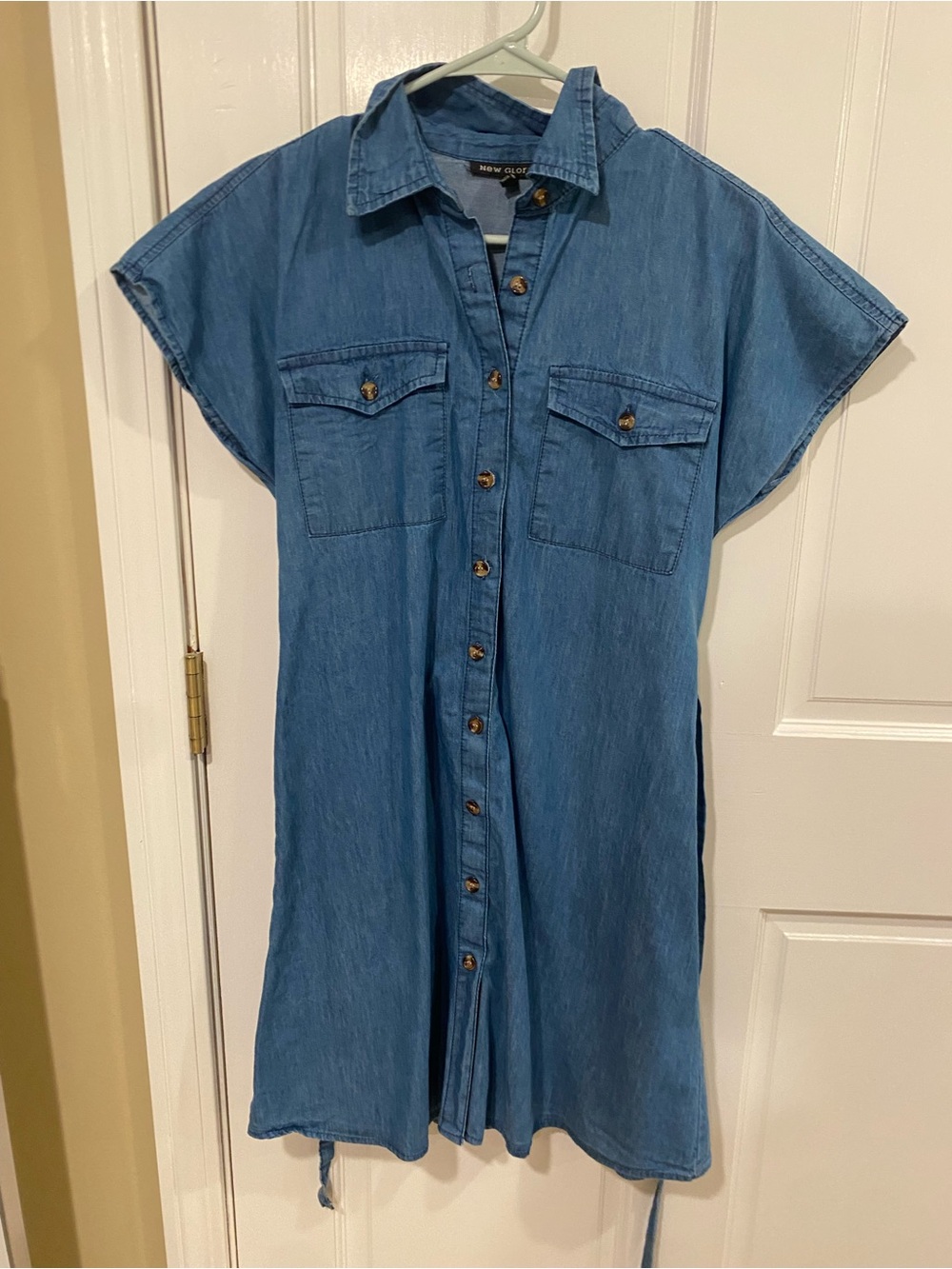 Button-Front Chambray Shirt Dress - Blue